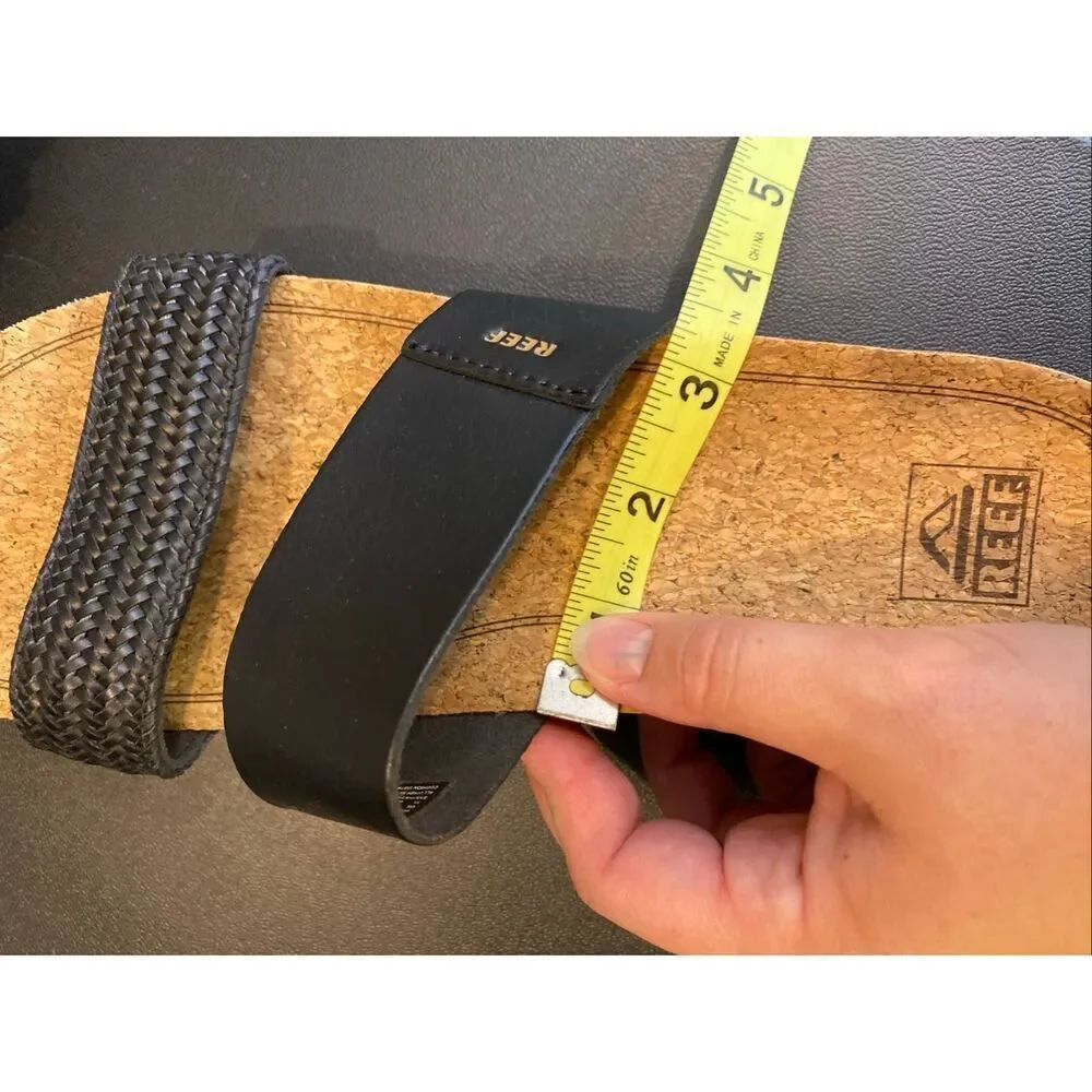 REEF • Black Vegan Leather Braided Double Strap Tan Cork/Foam 2” Sole Slide Sand